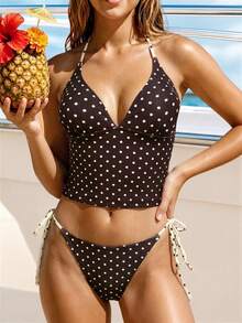 2026 Summer New Women's Dark Coffee Bottom Cream White Polka Dot Contrast Color Fashion Halter Neck Long Bikini Set Vacation Beach - Multicolor - View 9