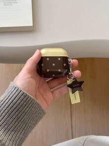 Contrast Brown Star Pattern Protective Case For AirPods 4, Pro 3, Pro 2, 3, 1/2, Shockproof Wireless Bluetooth Earphone Cover - Brown - View 1