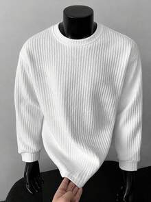 2026 Spring/Autumn New Cool Textured Crew Neck Long Sleeve T-Shirt Men Solid Color Inner Layer Loose Slimming Base Layer Top - White - View 3