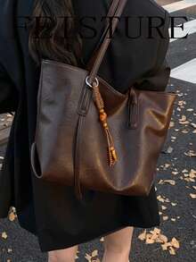 1pc Vintage Large Capacity Commuter Tote Bag, Zipper Closure, Pendant Decoration, Suitable For Daily Outing, Dating, Commuting - Coffee - View 5