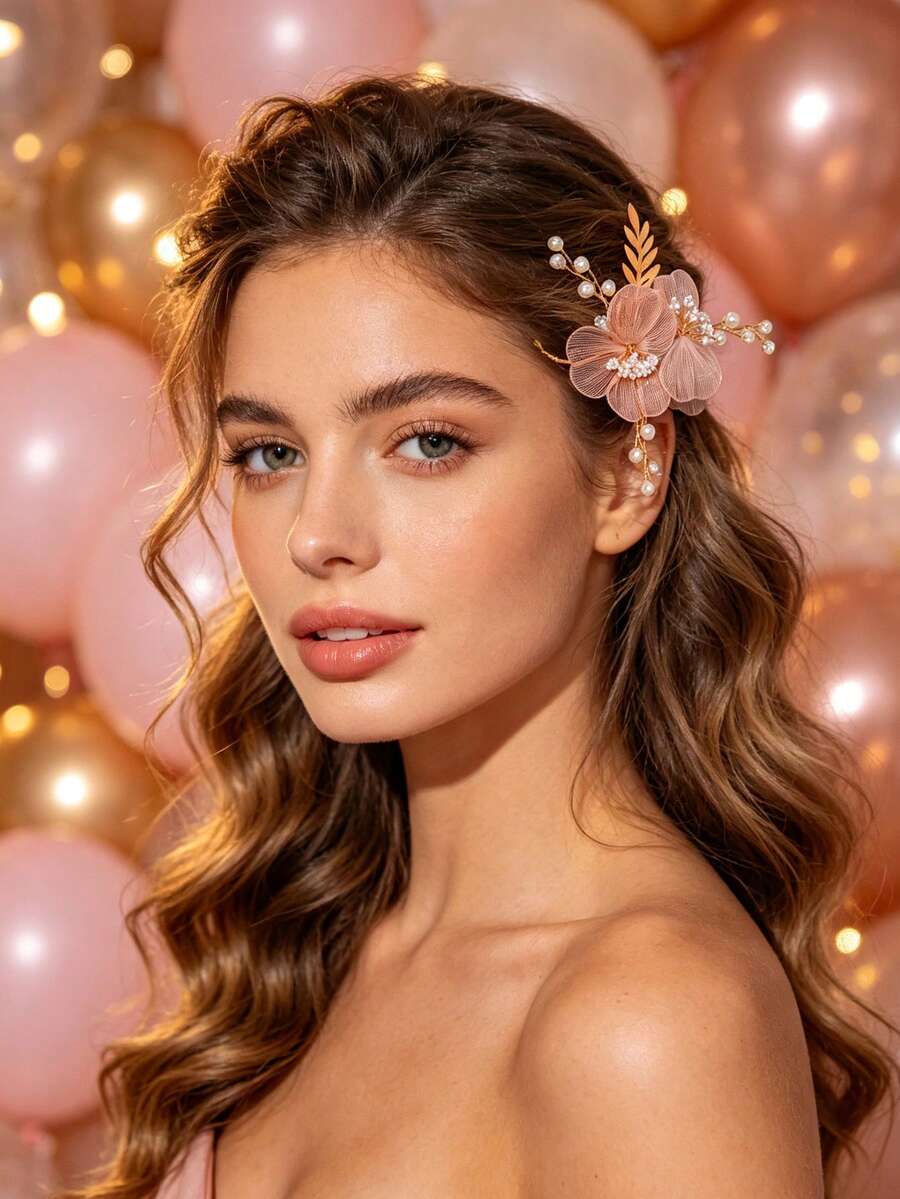 5pcs Bohemian Style Tulle Flower Pearl Edge Hair Clips, Gold Leaf Handmade Floral Hair Accessories, Elegant Bridal Hair Decor - Champagne - View 1