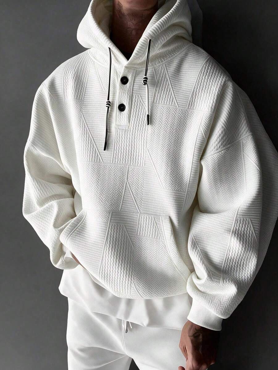 Men's Casual Fashion Solid Color Textured Fabric Long Sleeve Hoodie With Drawstring And Buttons, Versatile Sweatshirt For Outdoor Activities, Commuting And Daily Wear, Gift For Boyfriend Or Husband
