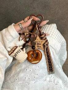 Cute Salted Pretzel Coffee Cup Keychain, Bag Decoration, Wooden Star Pendant Bag Charm, Bag Accessory, Aesthetic Braided Rope Key Accessory, Suitable For Backpacks And Handbags - Multicolor - View 11