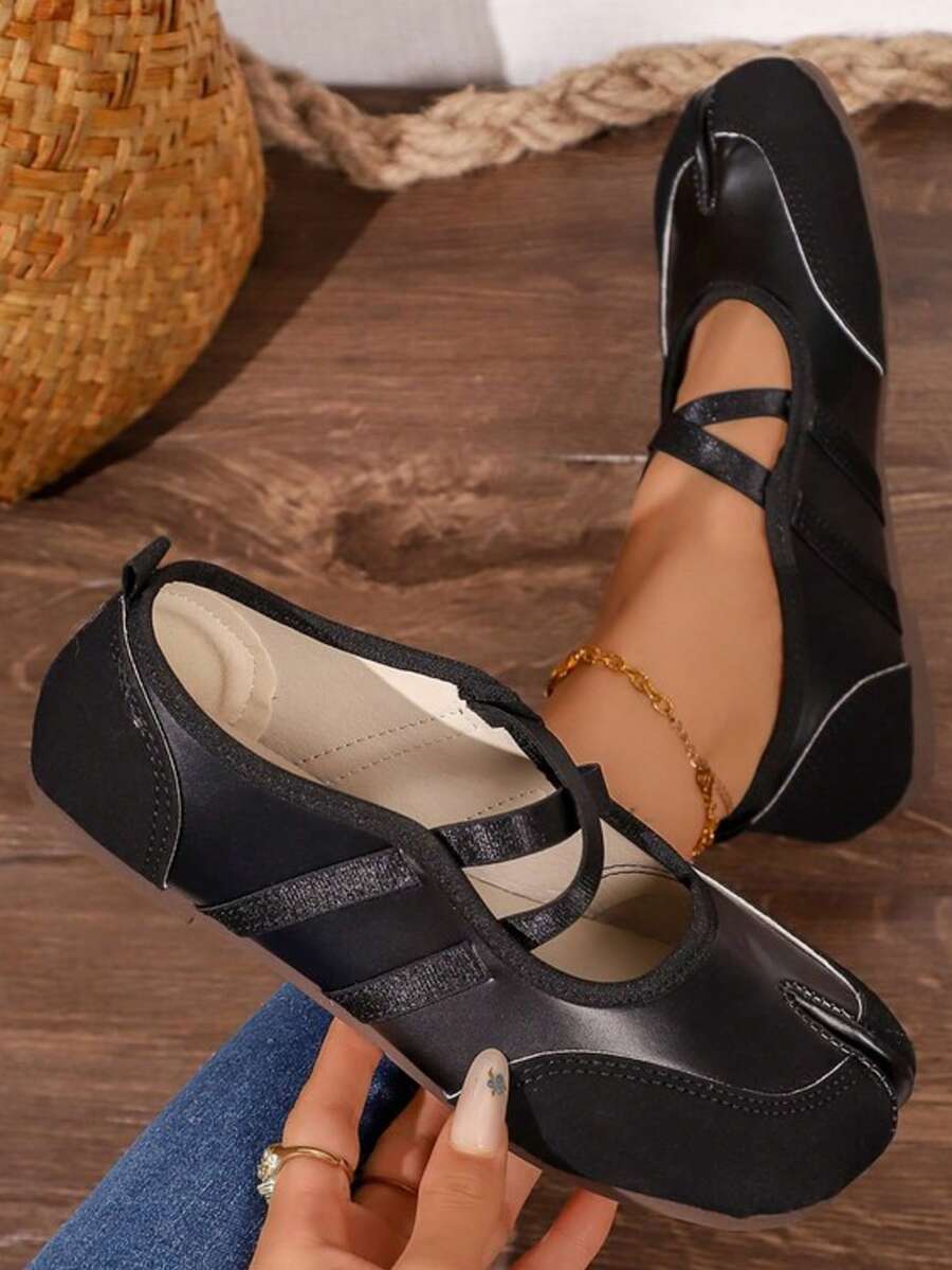 Women's Split Toe Mary Jane Shoes, Cross Strap Ballet Shoes, Low Vamp Shoes, Commute Daily Versatile Flat Shoes - Black - View 1