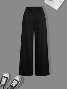 1pc Girls' Simple Casual Versatile Wide Leg Pants, Cute Printed Cat, Sweet Cartoon Design, Comfortable Autumn/Winter Bottoms - Black - View 3
