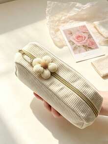 1pc Large Capacity Corduroy Makeup Bag, Floral Charm Minimalist Solid Color Pencil Case, Student Stationery Storage Essential, Multi-Functional Travel Organizer, Y2K Fashion Travel Cosmetic Bag - View 14