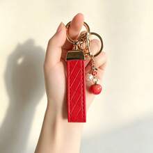 1pc Unisex Red Plaid Keychain + Fruit Pendant, Zinc Alloy Minimalist Style PU Leather Rope Key Ring, Suitable For Various Keys And Car Keys, Small Gift For Family And Friends - A - View 8