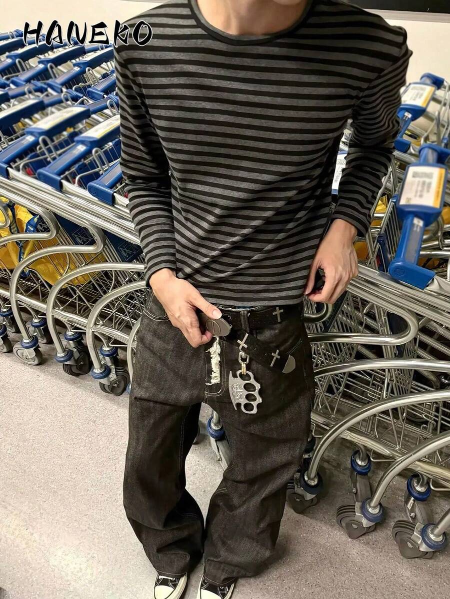 HANEKO y2k メンズ ベーシックバイカラーブラックグレーストライプ 2026ロンt 薄手インナールーズアメリカンリラックス感Tシャツ ロンt　長袖　メンズ ろんt 長袖 メンズ 秋服 秋服メンズ