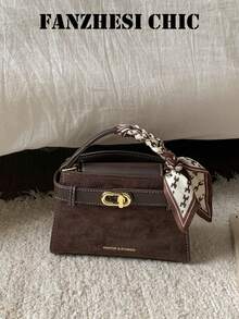Handbag, Exquisite Small Square Handbag, Lock Closure Design For Secure And Convenient Use, Hand-Carry Part Decorated With Wrapped Scarf, Vintage And Gentle Style. Equipped With Detachable Long Shoulder Strap, Switchable Between Hand-Carry And Crossbody Carrying Methods, Compact And Exquisite Body, Suitable For Outings And Dates, Enhancing Overall Outfit Style. - Coffee Brown - View 8