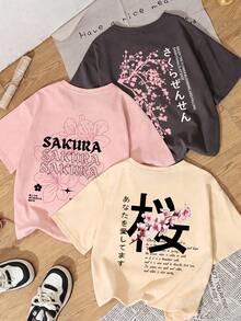 3pcs/Set Tween Girl Summer New Short Sleeve T-Shirt, Japanese Sakura Theme Print With Japanese And English Letter Patterns, Street Casual Style Versatile Tween Girl Top, Comfortable Breathable Material, Fashion Must-Have For Middle And Tween Girl - Pink - View 1