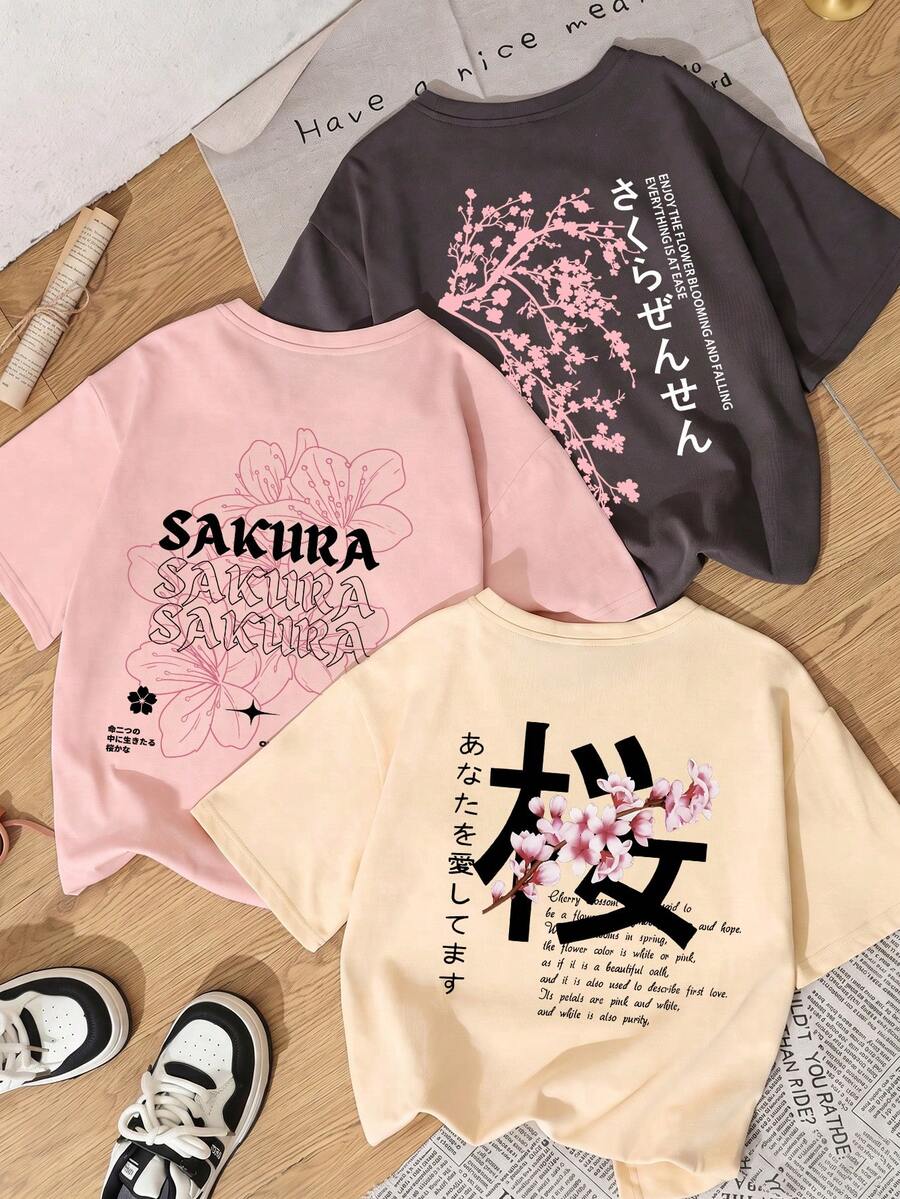 3pcs/Set Tween Girl Summer New Short Sleeve T-Shirt, Japanese Sakura Theme Print With Japanese And English Letter Patterns, Street Casual Style Versatile Tween Girl Top, Comfortable Breathable Material, Fashion Must-Have For Middle And Tween Girl - Pink - View 1