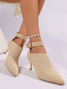 Pointed Toe Ankle Strap Stiletto Booties, Women Solid Suede Mesh Thin Heel Ankle Boots Office Party High Heels - Beige - View 5