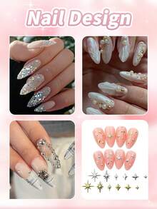 3 Boxes Metal Nail Art Decoration Studs Set, Gold & Silver Star, Snowflake & Square Nail Charms, Mixed Size Flat Back Rhinestones, With Rhinestone Picker Pen And Tweezers, DIY Nail Art Accessories, Suitable For Home And Nail Salon Beginners - Multicolor - View 3