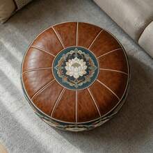 Chinese Lotus Embroidery Round Soft Ottoman, Vintage Faux Leather Padded Floor Stool, Traditional Floral Embroidery Decoration, Multi-Purpose As Extra Seating, Footstool, Coffee Table, Suitable For Living Room, Tea Room And Meditation Space - Multicolor - View 3