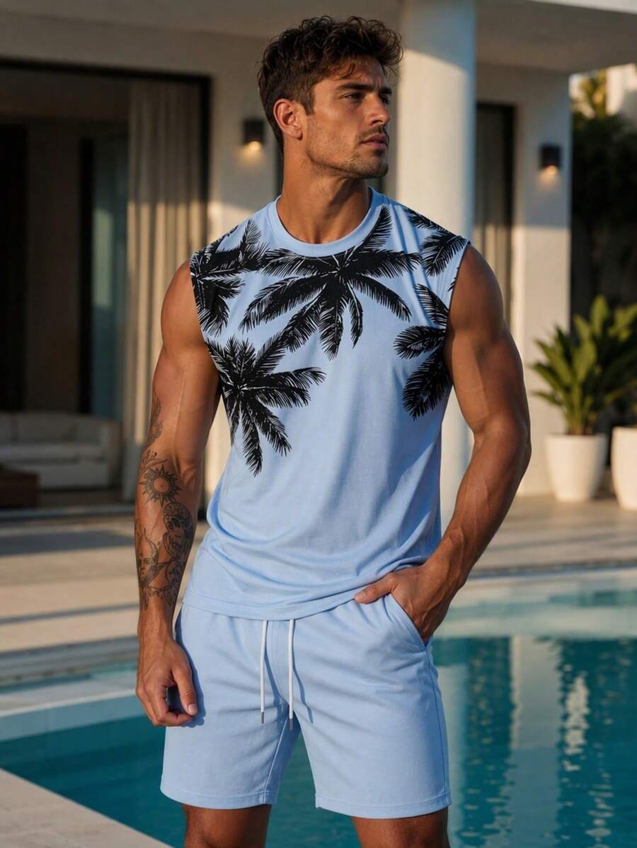 Men's Coconut Tree Pattern Sleeveless Tank Top Set, Men's Vacation Style Sleeveless Tank Top And Beach Shorts