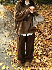 Women's Teddy Bear Print Pullover Sweater, A Casual Choice For Autumn And Winter - Dark Ochre - View 1