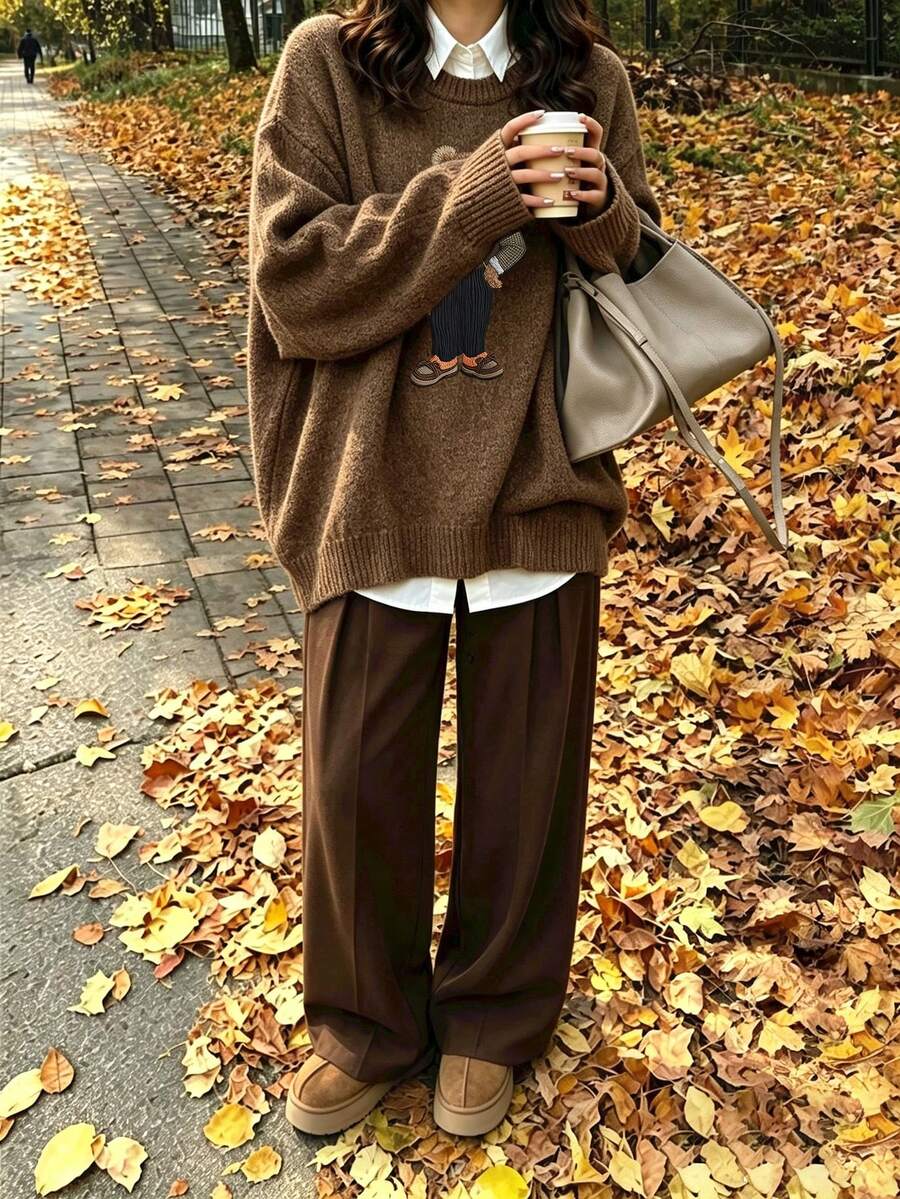 Women's Teddy Bear Print Pullover Sweater, A Casual Choice For Autumn And Winter - Dark Ochre - View 1