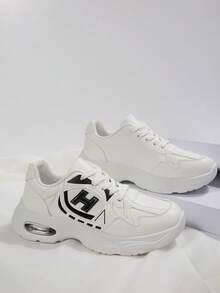 White And Grey Colorblock Striped Air Cushion Thick Sole Chunky Sneakers For Women, Vintage Patchwork Lace-Up Wedge Heel Height-Increasing Athletic Shoes, Lightweight Shock-Absorbing Anti-Slip Casual Shoes For Daily Commute And Campus, Versatile Style - Black - View 3