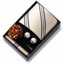 AlanKing Men's Striped Tie, Pocket Square, Cufflinks And Lapel Pin 4-Piece Set, Premium Gift Box, Men's Wedding And Business Suit Accessories, Ideal Gift Choice For Men - Multicolor - View 4