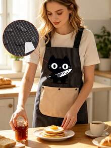 Cute Kitten Apron, Striped Apron, Easy To Wear,Kitchen Apron With Detachable Towels Black Cat Holding Knife With Two Pockets Durable And Easy To Clean, Ideal For Baking, Cooking, Home And Restaurant Use, Holiday Gift, Chef's Essential Apron - Multicolor - View 4