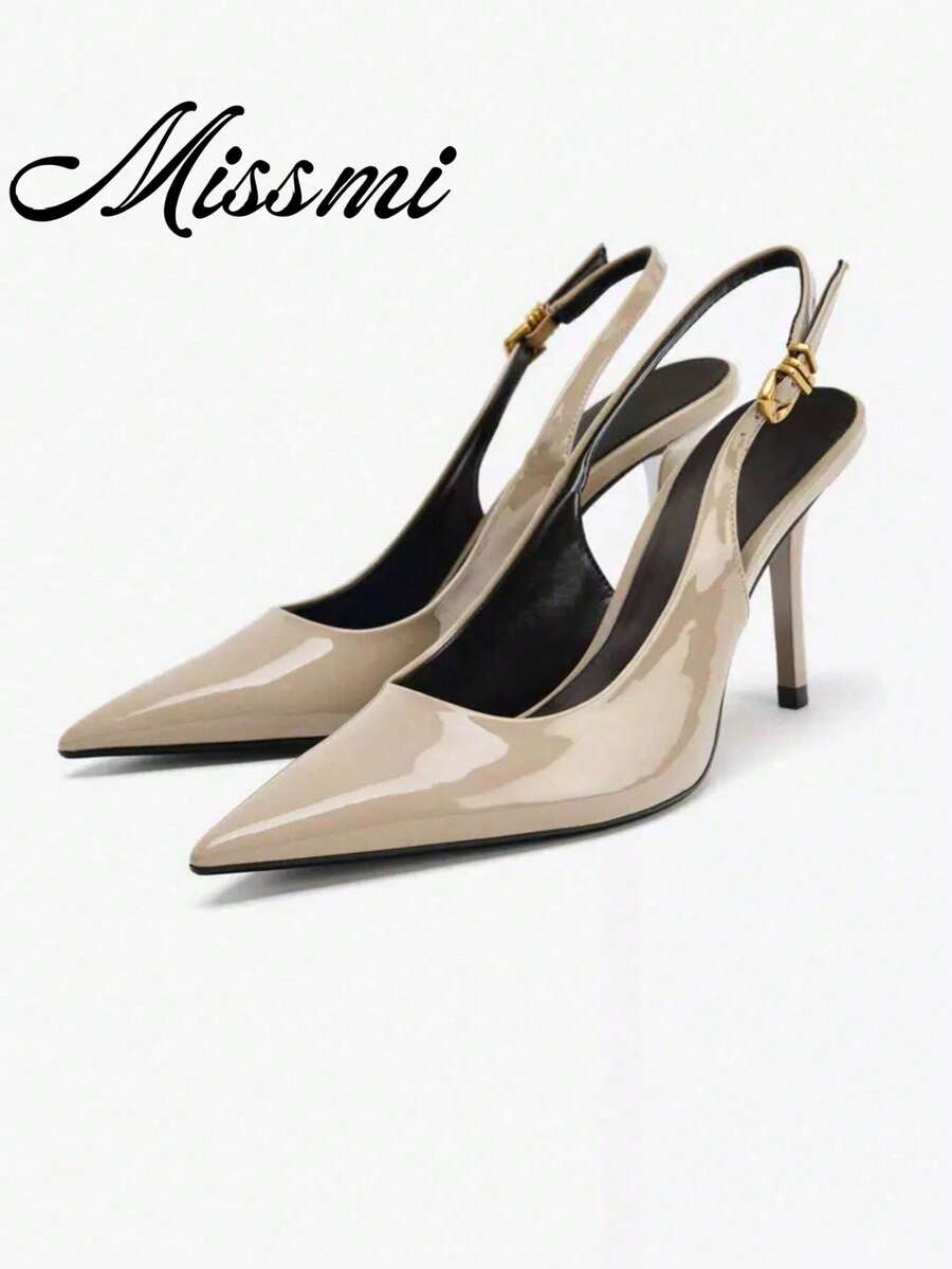 New Women's Black Patent Leather Pointed Toe High Heel Shoes With Fashion Metal Buckle Decor - Khaki - View 1