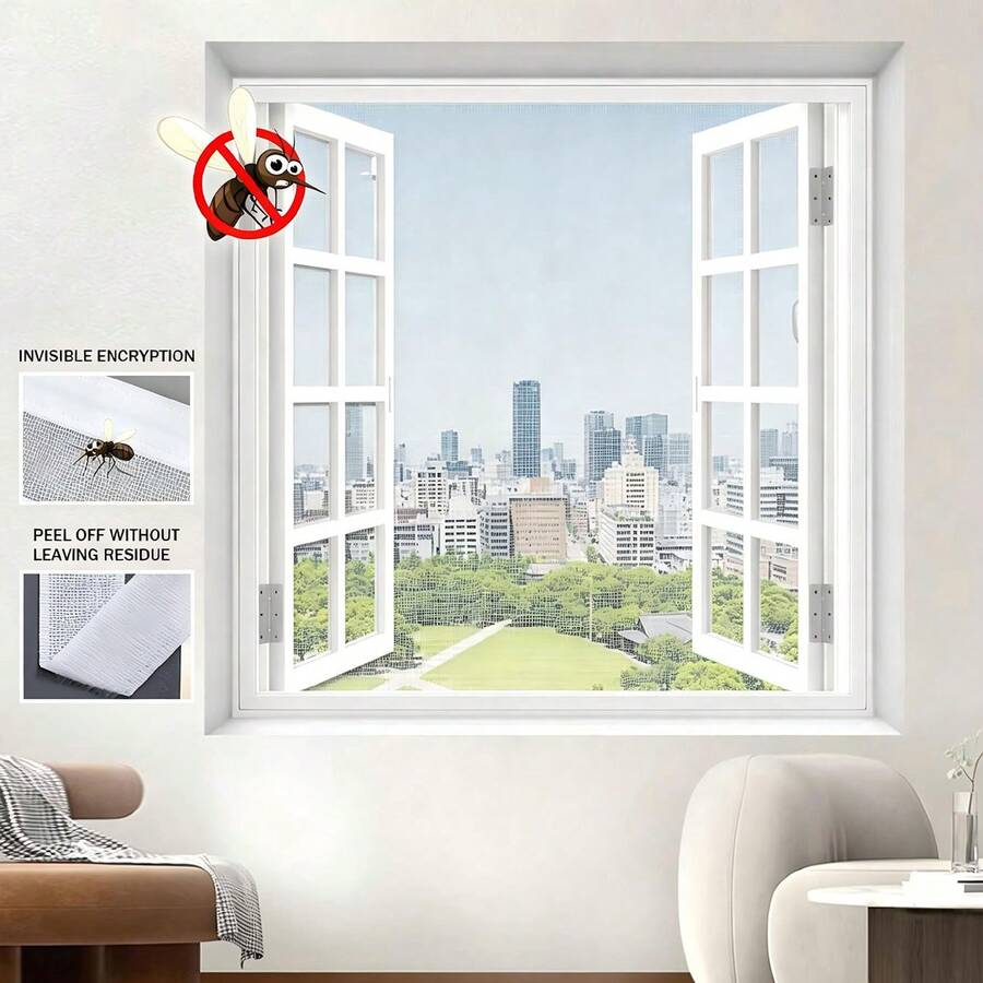 Home Invisible Detachable White Mosquito Net Window Screen, Dense Mesh, Breathable, Washable, Self-Adhesive No Drilling Easy Installation