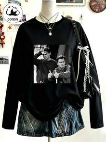 Áo thun tay dài size lớn nữ, họa tiết phim truyền hình "Friends" phong cách vintage, mùa thu 2026, 100% cotton nguyên chất - màu đen - Xem 5