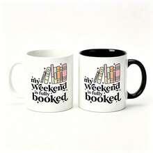 1pc 11oz My Weekend Is Fully Booked Ceramic Coffee Mug, Book Lover Retro Graphic Two‑Tone Cup, Dishwasher Reusable Drinkware, Reading Fan Daily Home Office Cup, Ideal Novelty Gift For Bookworms Readers - Multicolor - View 7