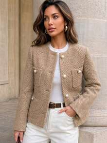 Women's Autumn/Winter Off-Shoulder Cropped Jacket, Elegant Minimalist Fashion Design With Pockets, Tweed Fringe Old Money Style Jacket Coat, Suitable For Daily Wear, Commuting, Street, Dating, Vintage Tea Party, Garden, College Style - Khaki - View 6