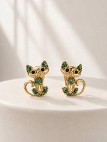 Cute Cat Stud Earrings For Women, Gold Tone Crystal Cat Earrings, Vintage Animal Design Earrings, Kawaii Daily Jewelry Gift - Gold - View 12