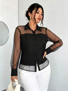 Plus Size Women's Semi-Sheer Mesh Long Sleeve Button-Up Shirt Blouse - Black - View 2