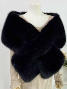 1pc New Fashion Versatile Faux Fox Fur Shawl, Bridal Wedding Dress Shawl, Suitable For Daily Wear Solid Color Faux Fur - Black - View 4