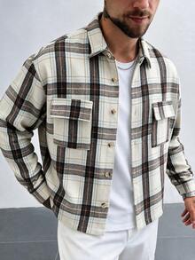 GloMan Old Money Style Men's Black & White Plaid Button-Front Long Sleeve Jacket, Warm For Autumn, Suitable For Office Commute, Business, Family Gatherings, Gift For Husband/Father - Multicolor - View 3