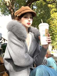 Women's Solid Color Hooded Knit Cardigan Sweater With Detachable Fur Collar, Autumn - Grey - View 3