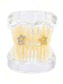 2pcs Personalized Fashion Hip-Hop Style Hollow Star & Moon Micro-Inlaid Rhinestone Women's Copper Teeth Grillz, Holiday Gift, Fun Photo Prop - Star - View 2