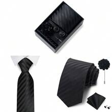 AlanKing Men's Striped Tie, Pocket Square, Cufflinks And Lapel Pin 4-Piece Set, Premium Gift Box, Men's Wedding And Business Suit Accessories, Ideal Gift Choice For Men - Multicolor - View 7