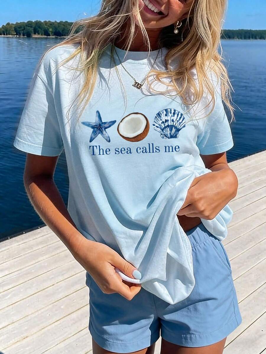 新款夏季女款極簡純色海灘星星椰殼字母印花圓領短袖T恤,度假休閒春季假期穿搭 - 淺藍色 - 查看 1
