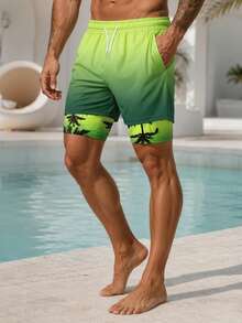 Men's Sunset Coconut Tree Pattern Gradient Print Beach Shorts, Men's Double Layer Shorts, Men's Vacation Style Beach Pants - Multicolor - View 2