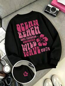 Pink Lily Flower Print On Both Sides, Soft And Breathable, Women's Plus Size Crew Neck Sweatshirt, Suitable For Autumn/Winter Wear - Black - View 1