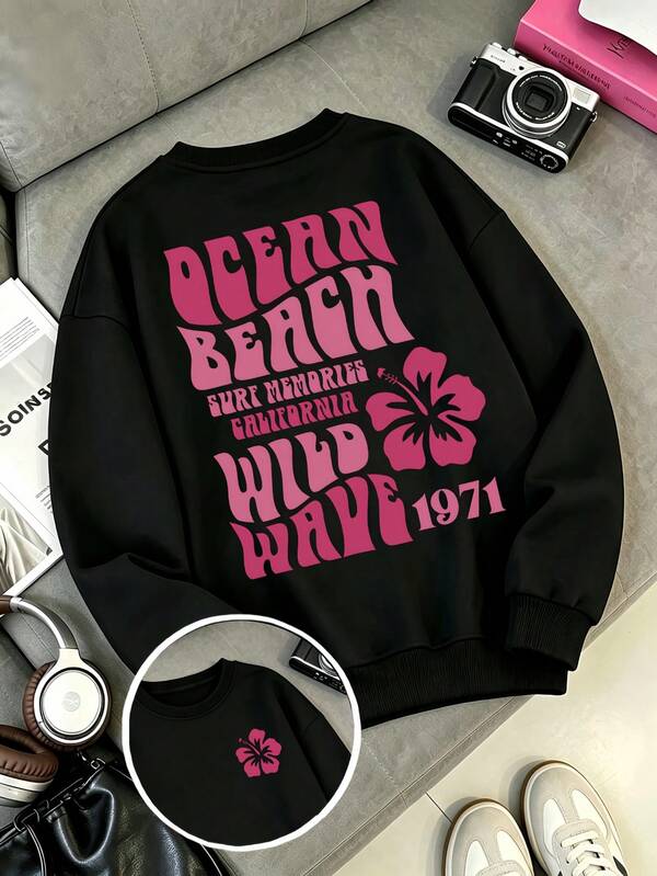 Pink Lily Flower Print On Both Sides, Soft And Breathable, Women's Plus Size Crew Neck Sweatshirt, Suitable For Autumn/Winter Wear