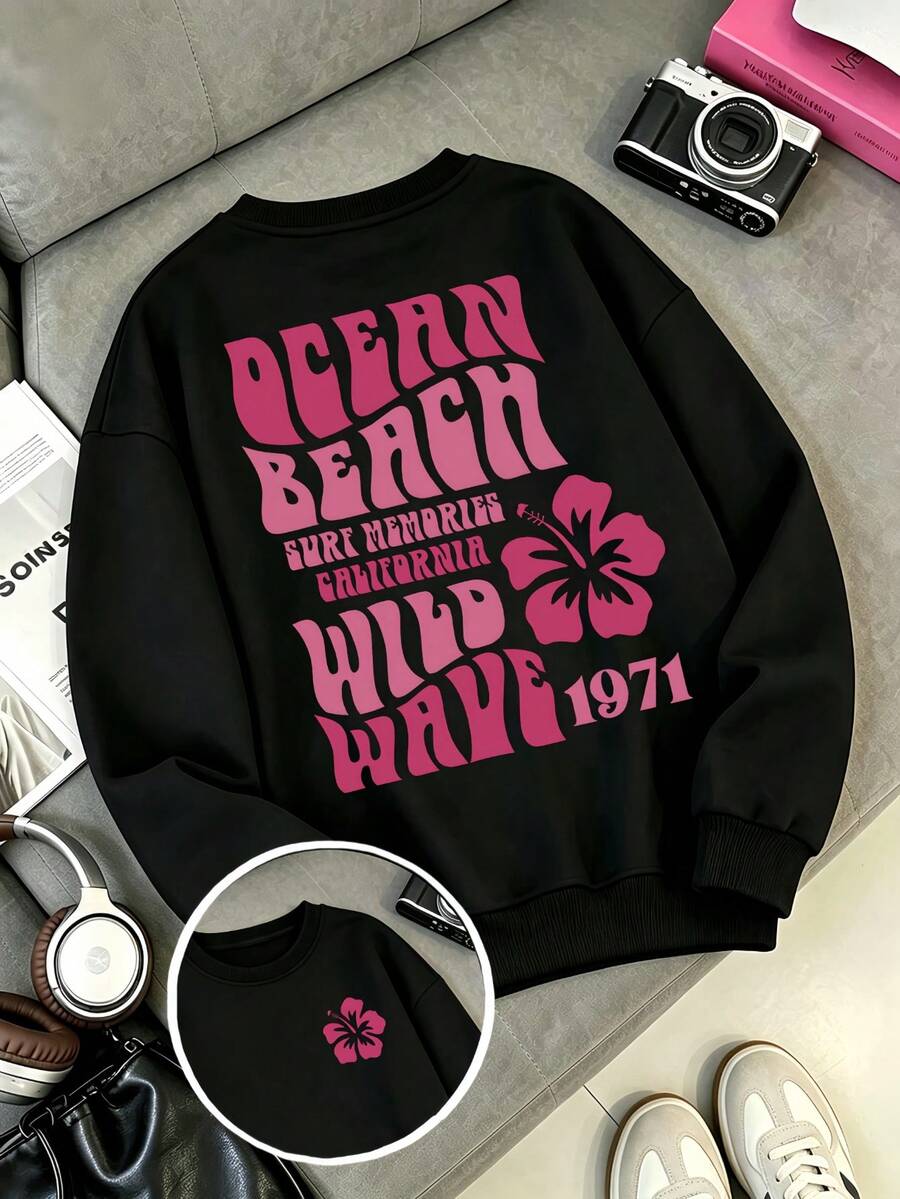 Pink Lily Flower Print On Both Sides, Soft And Breathable, Women's Plus Size Crew Neck Sweatshirt, Suitable For Autumn/Winter Wear - Black - View 1