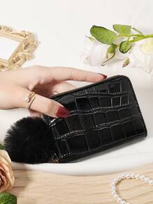 Fashionable Women's Storage Bag, With A Pom-Pom Charm, Credit Card Storage Bag With Multiple Card Slots For Card Storage - Black - View 3