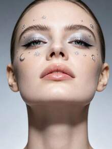 1pc Exotic Mysterious Silver Celestial Face Decor Sticker, 3D Silver Sun Moon Starburst Vintage Pattern, Create Cold Elegant Vintage Face Makeup Look, Performance Party Photoshoot Makeup Accent, Easy-To-Apply Makeup Sticker - Multicolor - View 4