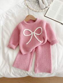Setelan Rajut 2 Potong Warna Pink untuk Anak Perempuan dengan Bordir 3D dan Pita Putih, Sweater Leher Bulat Lembut dan Celana Lebar, Pakaian Kasual Musim Semi/Gugur - Berwarna merah muda - View 7