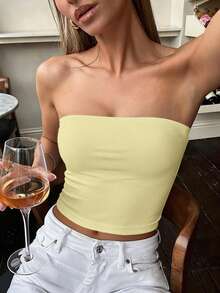 Women's Plus Size Summer Sexy Fitted Knit Tube Top Solid Color Yellow - Yellow - View 9