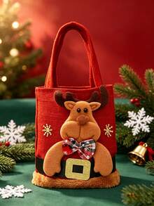 1pc Christmas Gift Tote Bag, Linen Blend Fabric Gift Bag, Christmas Cartoon Applique Embroidered Handbag, Holiday Gift Storage Bag, Christmas Party Favor Packaging Accessory, Santa Claus Snowman Reindeer Bear Pattern - 002-christmas Tote Bag - View 6