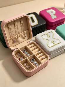 1pc PU Leather Jewelry Box, Large Capacity Jewelry Storage Box, Embroidered Letter Jewelry Organizer, Portable Travel Jewelry Storage Box, Suitable For Rings, Necklaces, Earrings, Etc., Travel Essential, Holiday Makeup Bag. - Multicolor - View 3