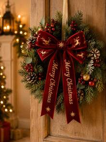 1 Roll Christmas Velvet Decorative Ribbon, Gold Foil Stars & Merry Christmas Print, 2m Roll, 2.5cm/4cm Wide, Suitable For Gift Wrapping, Christmas Tree, Wreath, Bow Making, Holiday Party Decoration - Velvet - View 6