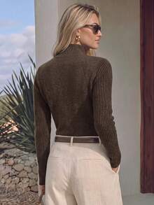 NiceArt Sweater Rajut Campuran Wol Slim Fit Bergaris Leher Tinggi Warna Cokelat Kopi Gelap Vintage Musim Gugur/Dingin untuk Wanita, Pakaian Musim Gugur, Perjalanan ke Kantor, Halloween - Coklat - View 2