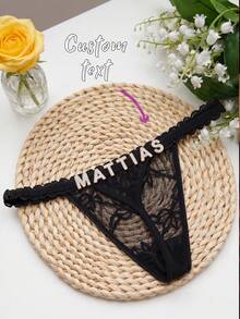 Customized Name Letter Pendant Lace Thong Panties, Personalized Sparkling Rhinestone Sexy Lingerie, Creative Gift For Women's Birthday, Anniversary, Valentine's Day - Black - View 6